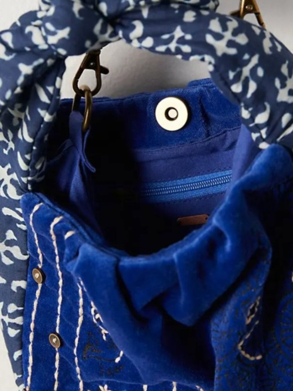 Free People Attia Velvet Bag Blue Embroidered Knot Handle NWT Boho Mini Hobo - Picture 15 of 15